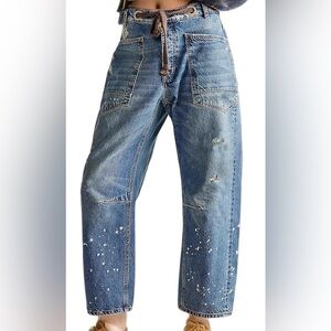 Barrel Jeans with Brown Drawcord, Distressed & Paint Splatter Details, SMALL